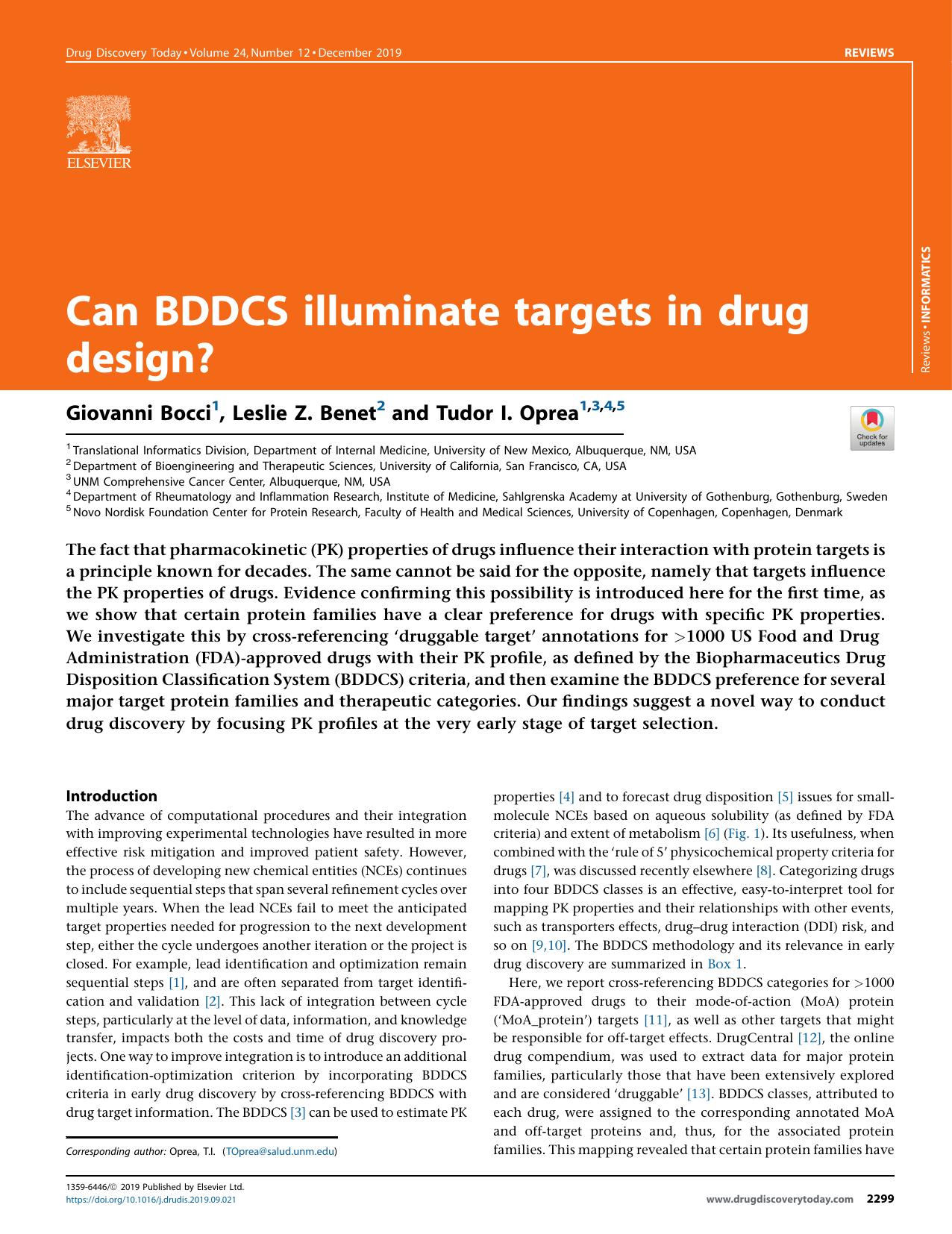 Can BDDCS illuminate targets in drug design? by Giovanni Bocci & Leslie Z. Benet & Tudor I. Oprea