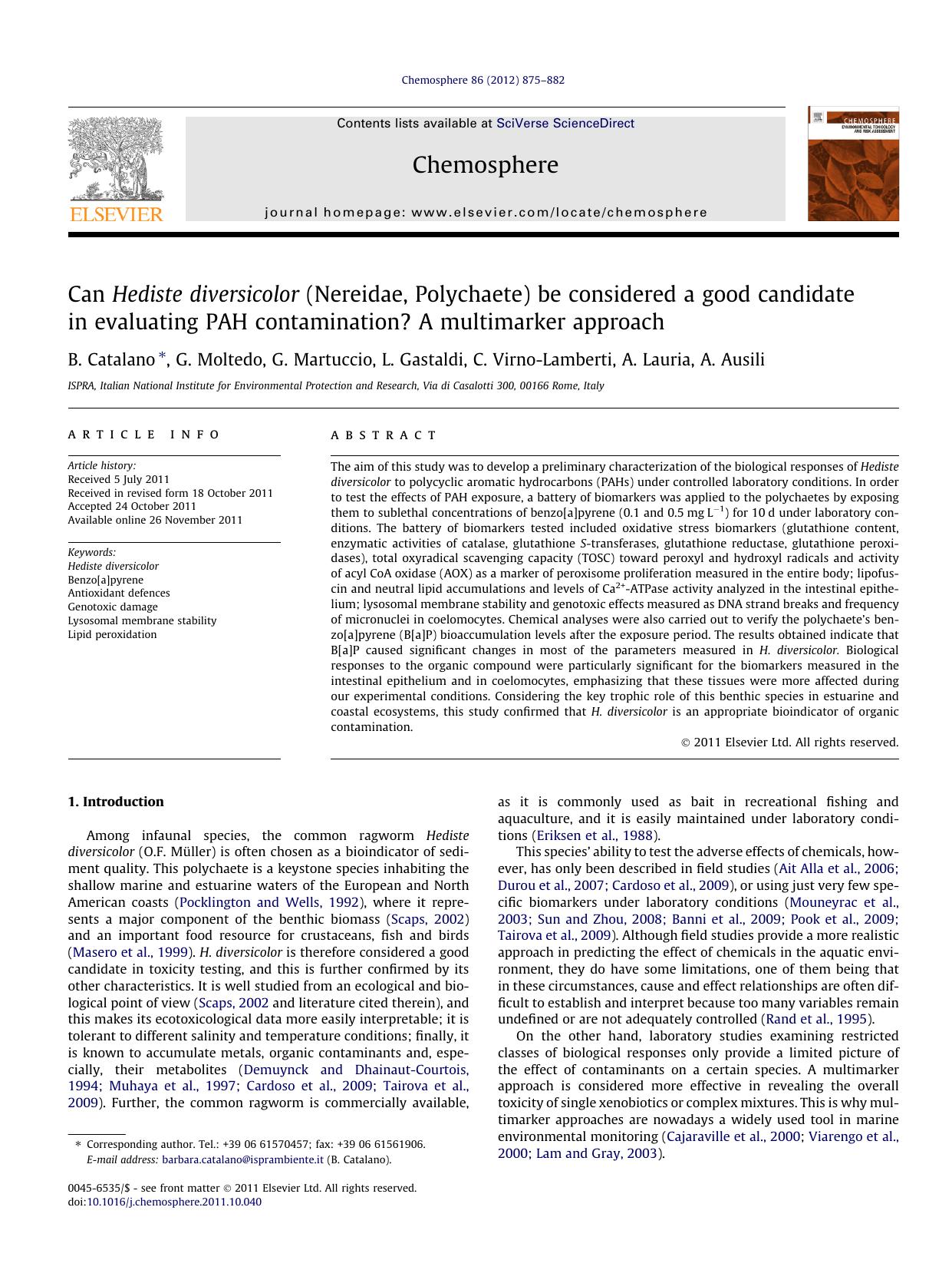 Can Hediste diversicolor (Nereidae, Polychaete) be considered a good candidate in evaluating PAH contamination? A multimarker approach by B. Catalano & G. Moltedo & G. Martuccio & L. Gastaldi & C. Virno-Lamberti & A. Lauria & A. Ausili