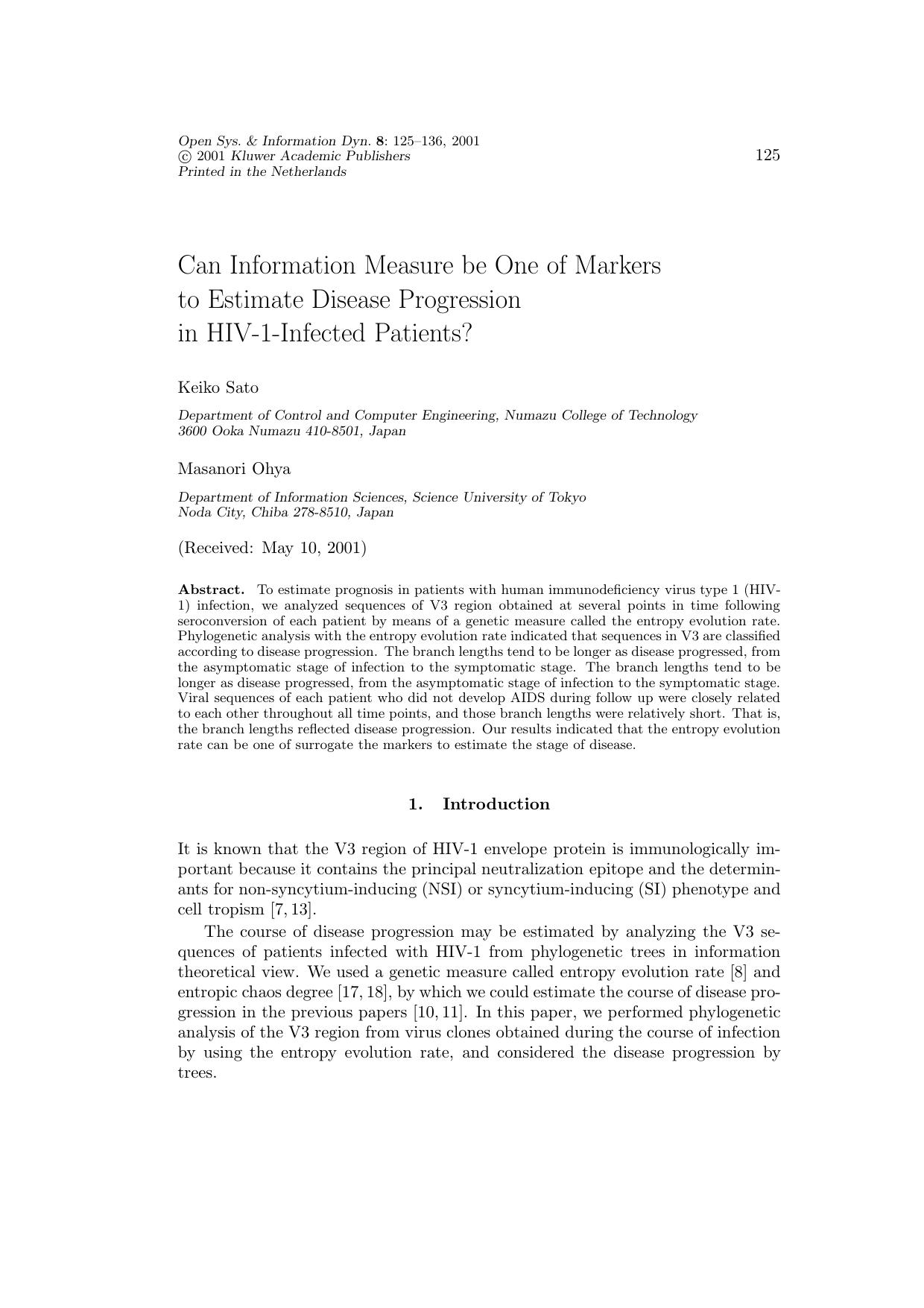 Can Information Measure be One of Markers to Estimate Disease Progression in HIV-1-Infected Patients? by Unknown