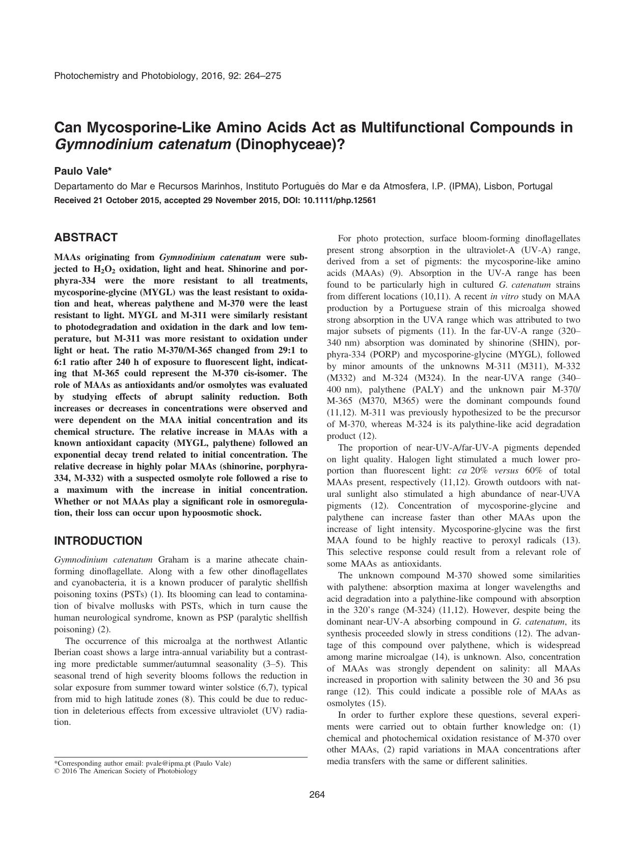 Can Mycosporine&#x2010;Like Amino Acids Act as Multifunctional Compounds in Gymnodinium catenatum (Dinophyceae)? by Unknown