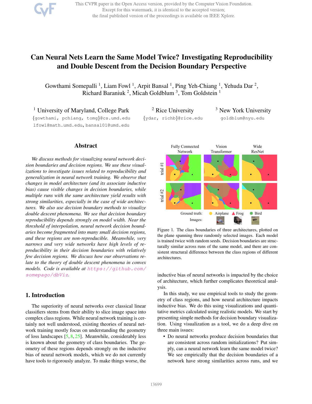 Can Neural Nets Learn the Same Model Twice? Investigating Reproducibility and Double Descent From the Decision Boundary Perspective by unknow