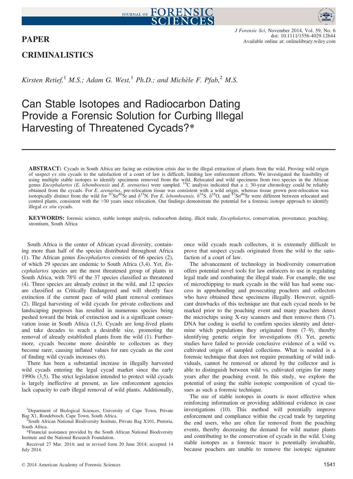 Can Stable Isotopes and Radiocarbon Dating Provide a Forensic Solution for Curbing Illegal Harvesting of Threatened Cycads? by Unknown