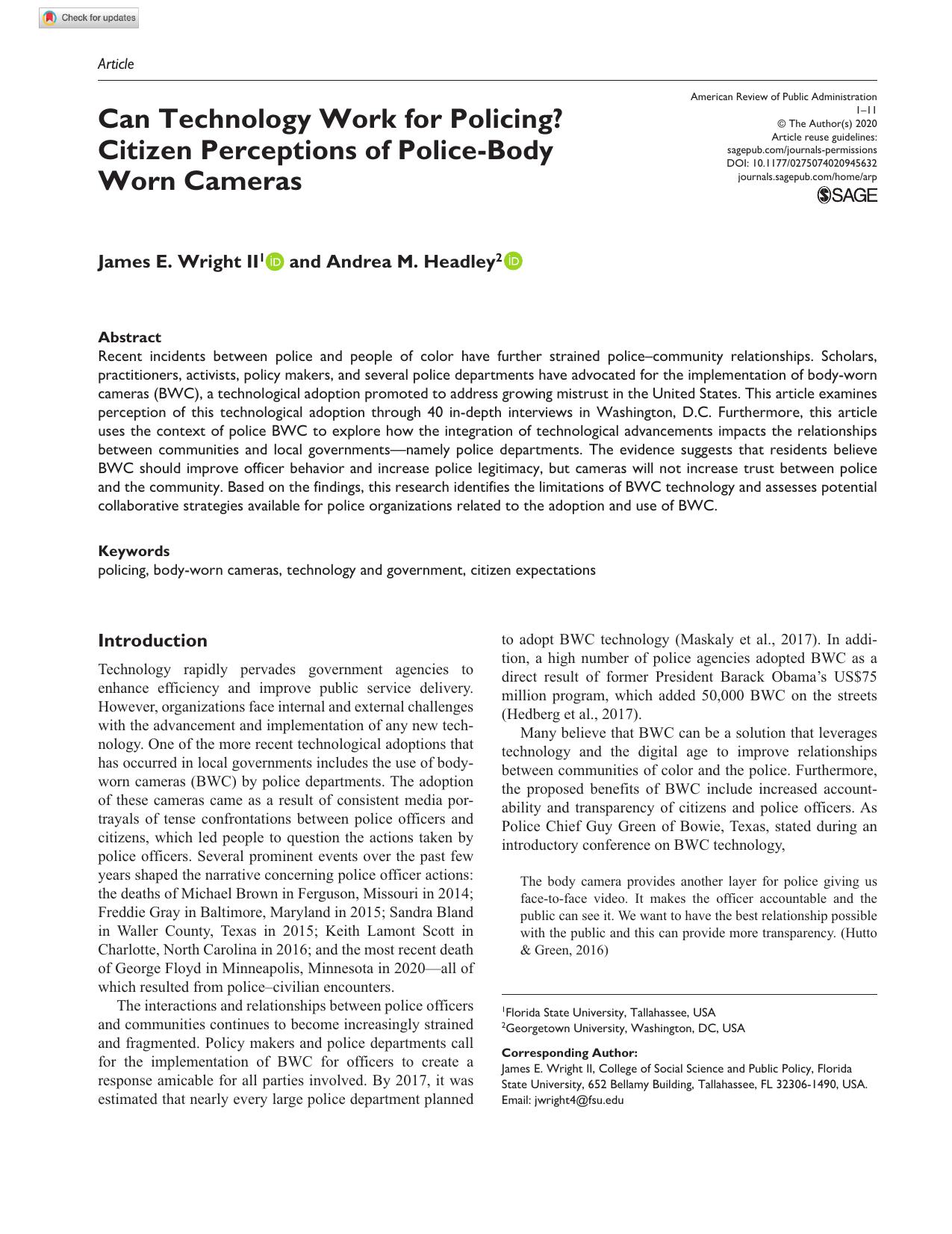 Can Technology Work for Policing? Citizen Perceptions of Police-Body Worn Cameras by James E. Wright II & Andrea M. Headley