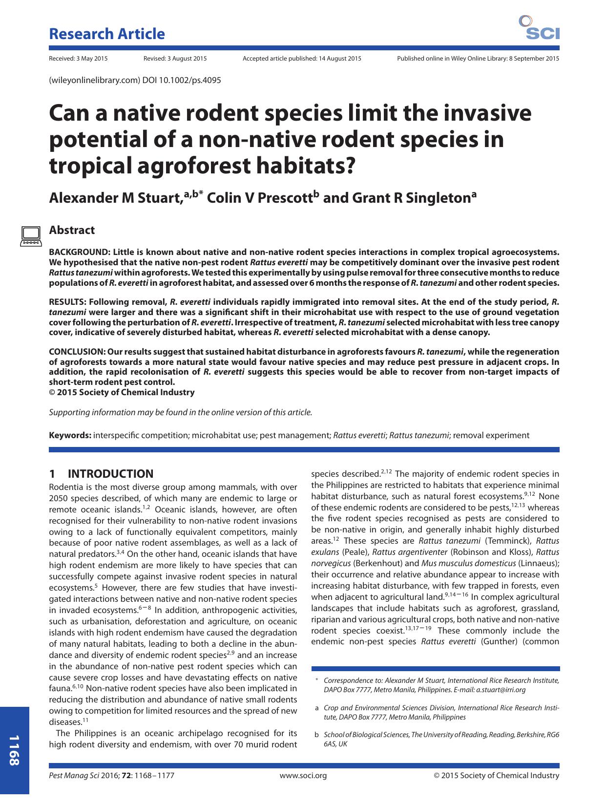Can a native rodent species limit the invasive potential of a non-native rodent species in tropical agroforest habitats? by Unknown