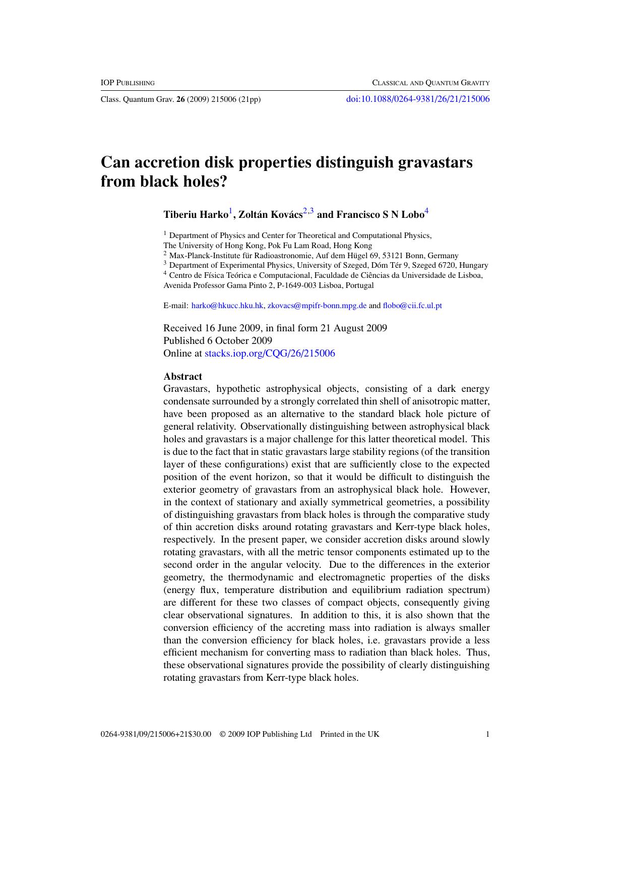 Can accretion disk properties distinguish gravastars from black holes? by T Harko et al