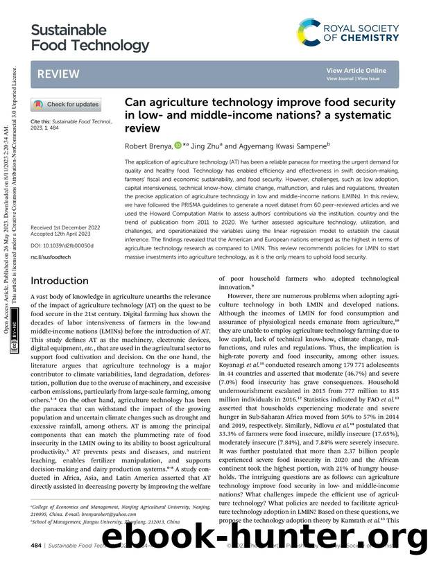 Can agriculture technology improve food security in low- and middle-income nations? a systematic review by Robert Brenya & Jing Zhu & Agyemang Kwasi Sampene