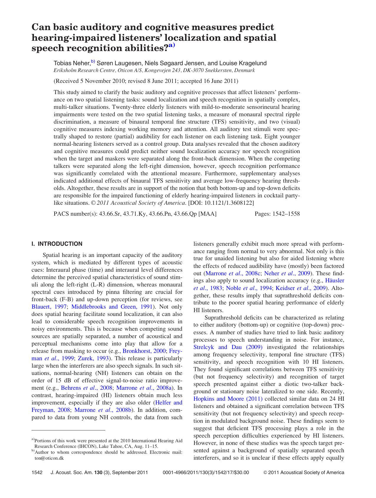 Can basic auditory and cognitive measures predict hearing-impaired listeners’ localization and spatial speech recognition abilities? by Tobias Neher Søren Laugesen Niels Søgaard Jensen and Louise Kragelund
