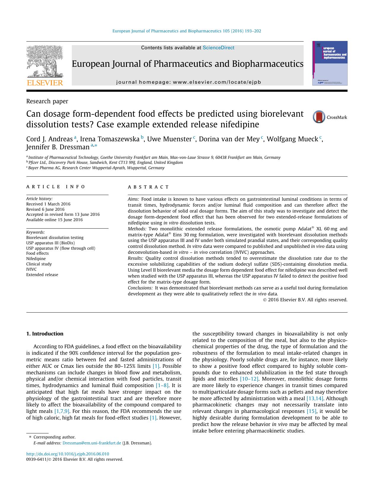 Can dosage form-dependent food effects be predicted using biorelevant dissolution tests? Case example extended release nifedipine by unknow