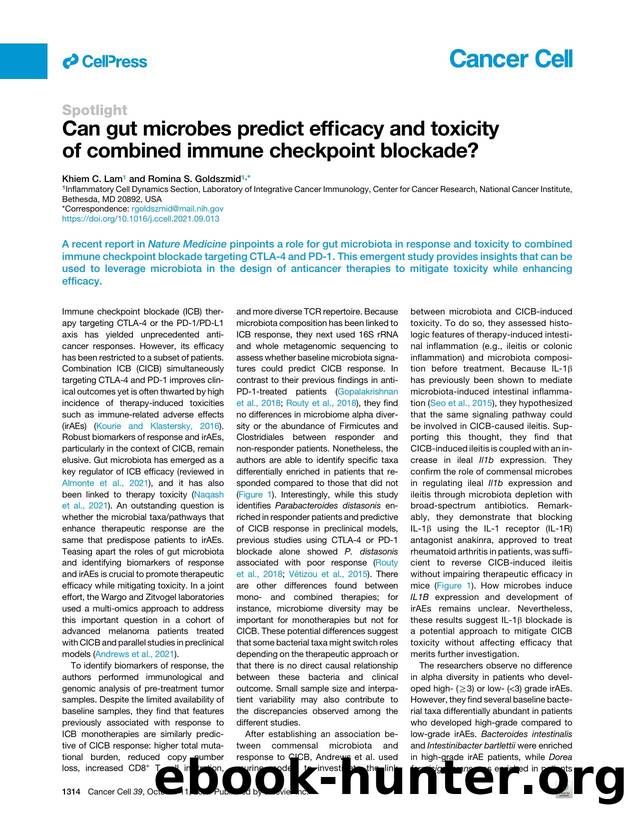 Can gut microbes predict efficacy and toxicity of combined immune checkpoint blockade? by Khiem C. Lam & Romina S. Goldszmid