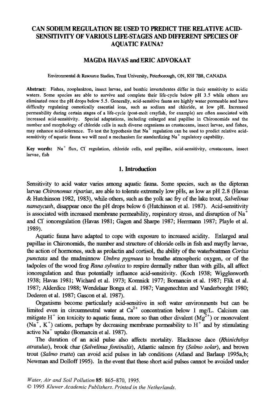 Can sodium regulation be used to predict the relative acid-sensitivity of various life-stages and different species of aquatic fauna? by Unknown