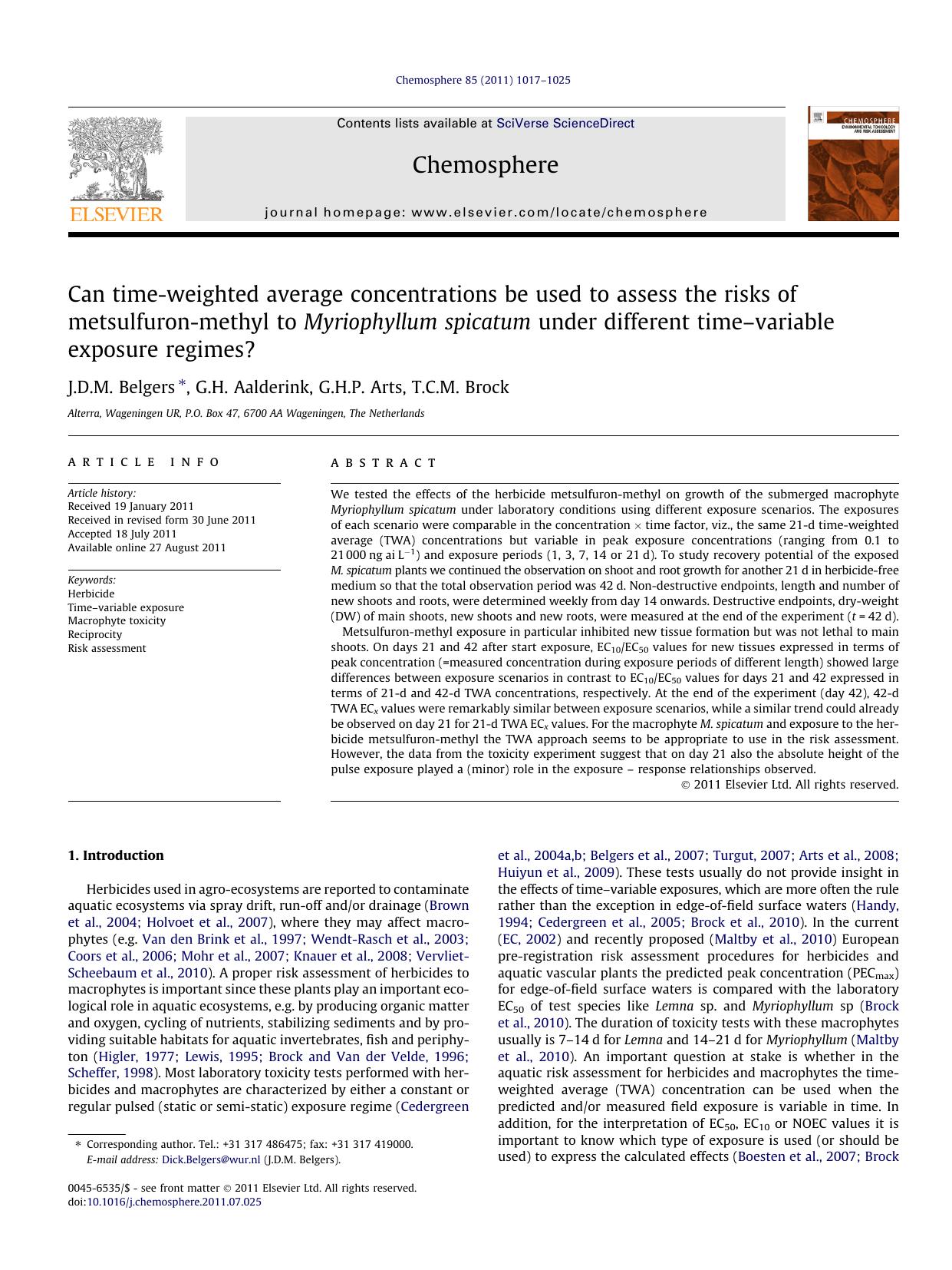 Can time-weighted average concentrations be used to assess the risks of metsulfuron-methyl to Myriophyllum spicatum under different timeÃ¢â¬âvariable exposure regimes? by J.D.M. Belgers & G.H. Aalderink & G.H.P. Arts & T.C.M. Brock