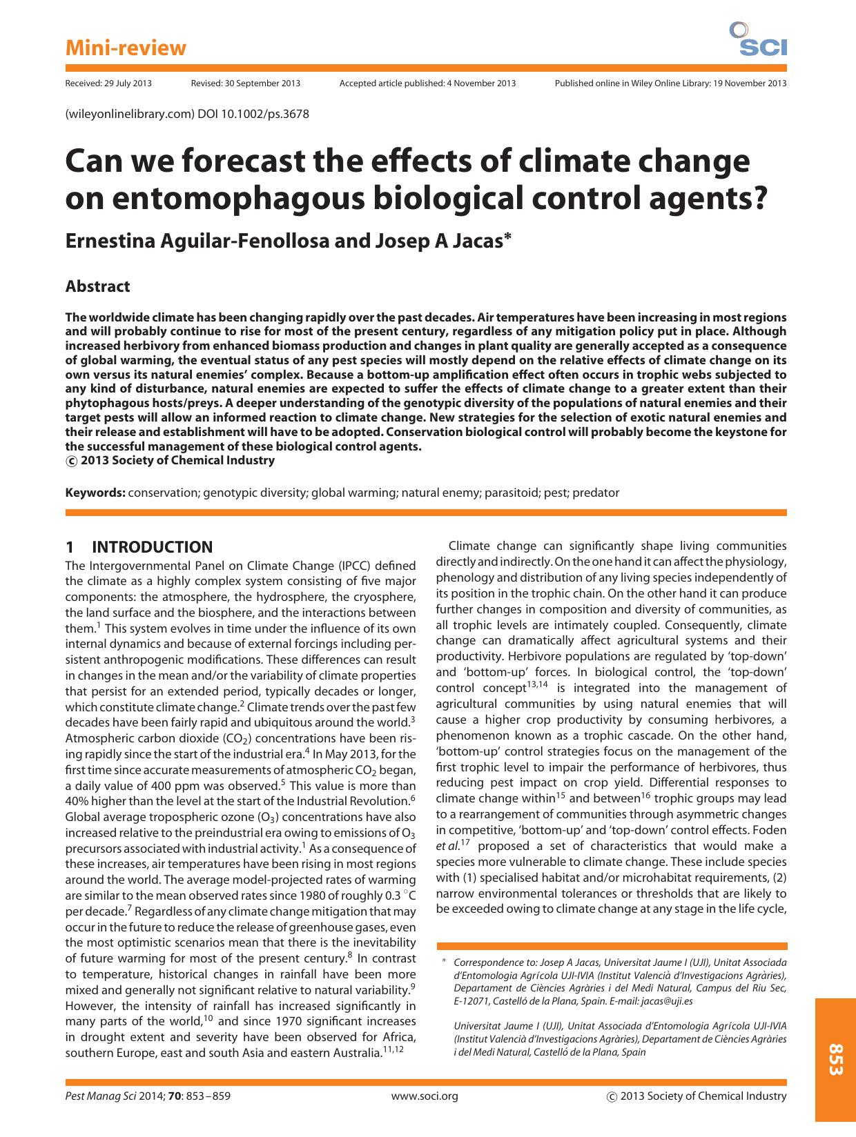 Can we forecast the effects of climate change on entomophagous biological control agents? by Unknown