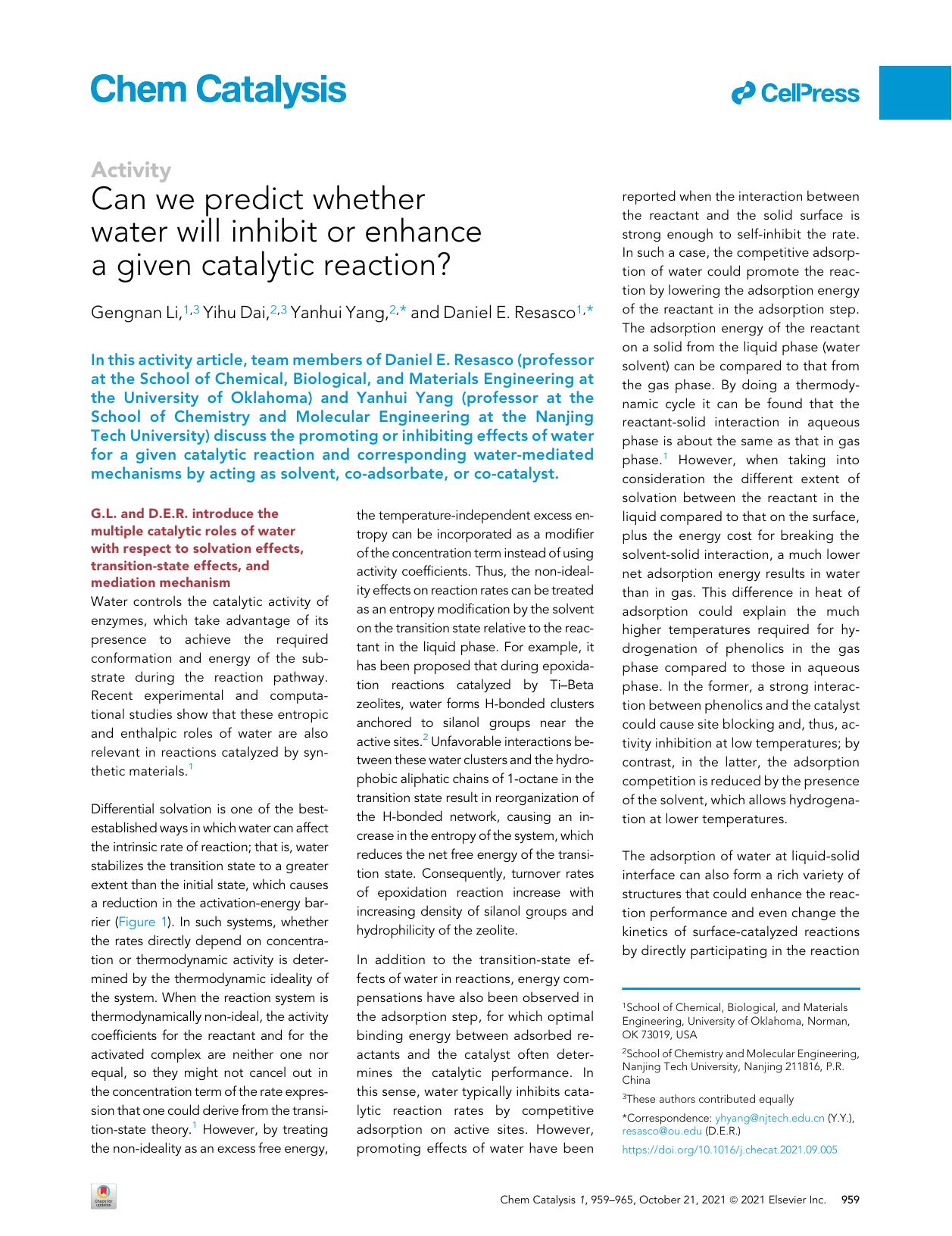 Can we predict whether water will inhibit or enhance a given catalytic reaction? by Gengnan Li & Yihu Dai & Yanhui Yang & Daniel E. Resasco