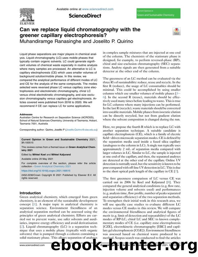 Can we replace liquid chromatography with the greener capillary electrophoresis? by Muhandiramge Ranasinghe & Joselito P. Quirino