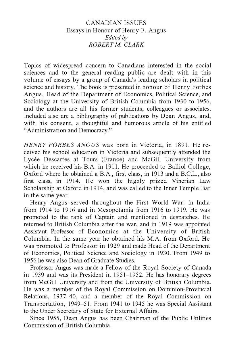 Canadian Issues: Essays in Honour of Henry F. Angus by Robert M. Clark (editor)
