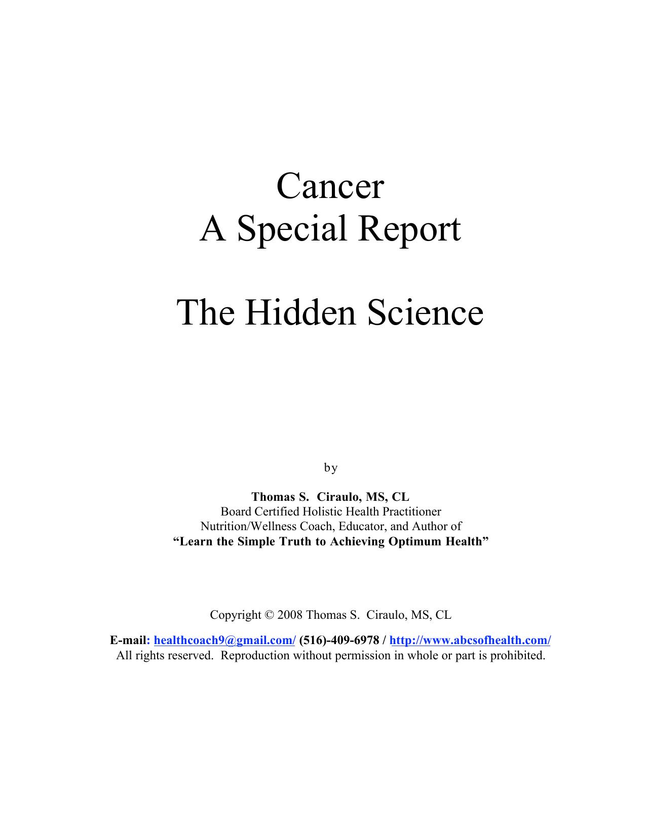 Cancer A Special Report The Hidden Science by Unknown