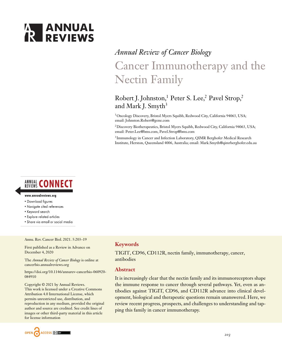 Cancer Immunotherapy and the Nectin Family by Robert J. Johnston Peter S. Lee Pavel Strop Mark J. Smyth