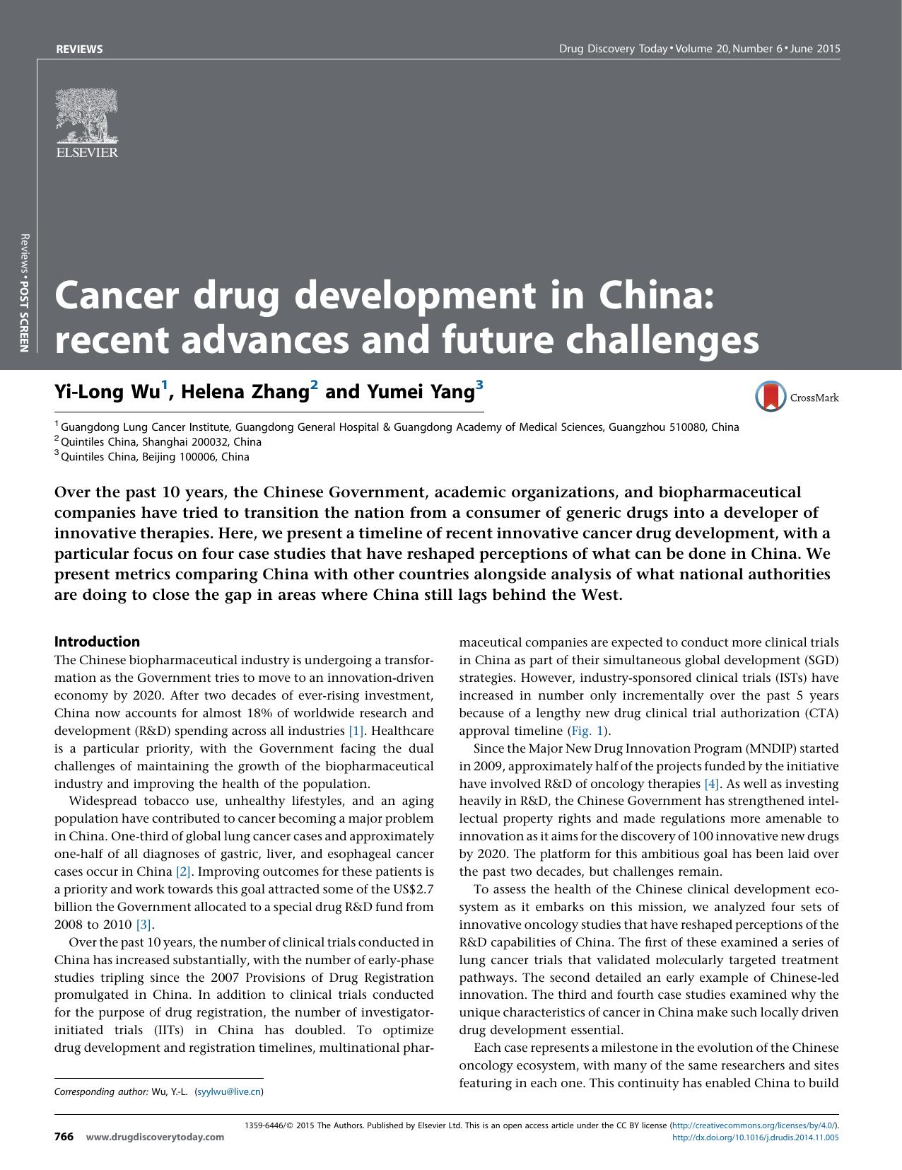 Cancer drug development in China: recent advances and future challenges by Yi-Long Wu & Helena Zhang & Yumei Yang