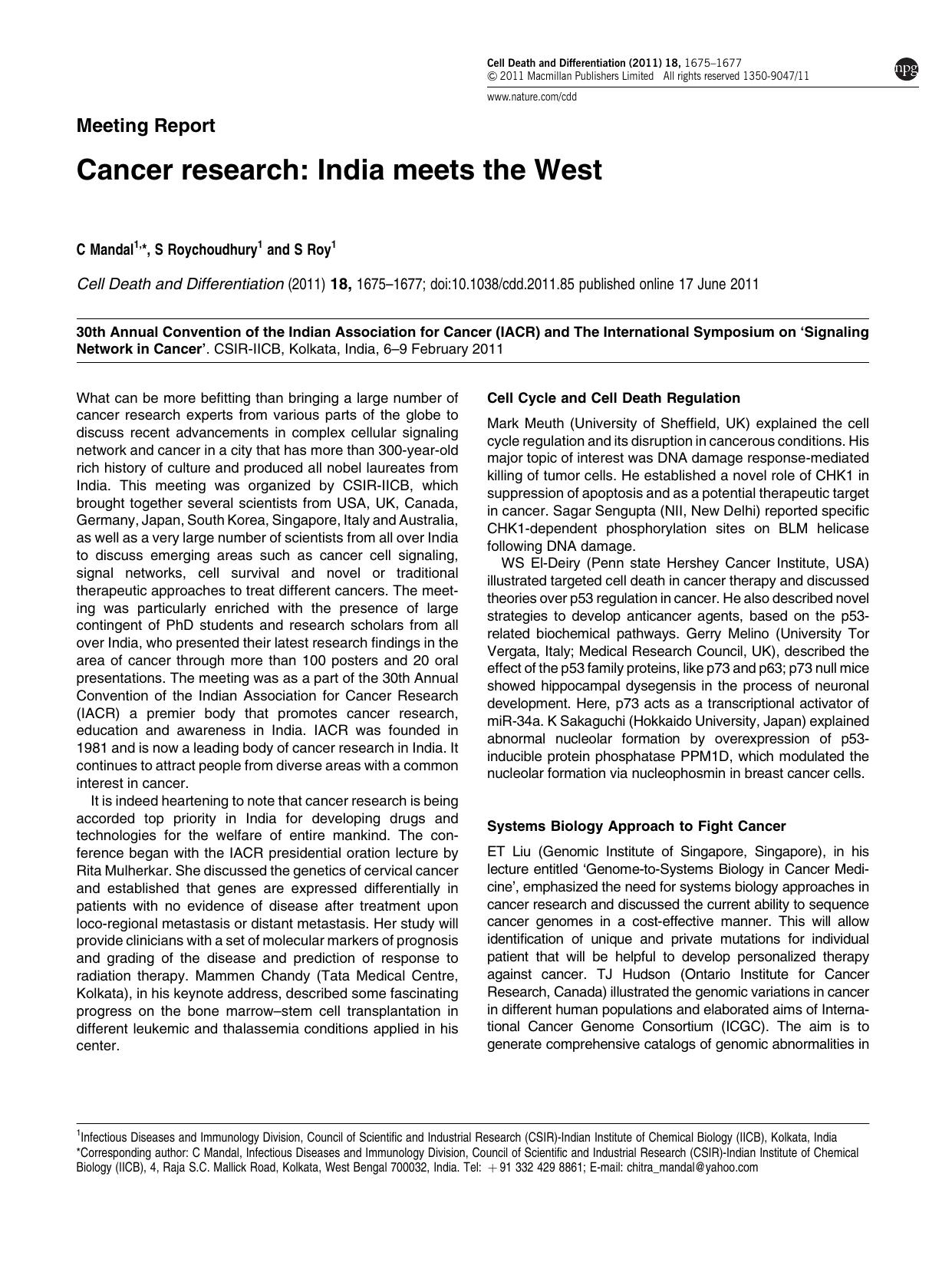 Cancer research: India meets the West by C Mandal & S Roychoudhury & S Roy