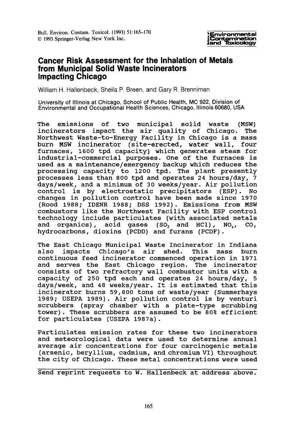 Cancer risk assessment for the inhalation of metals from municipal solid waste incinerators impacting Chicago by Unknown