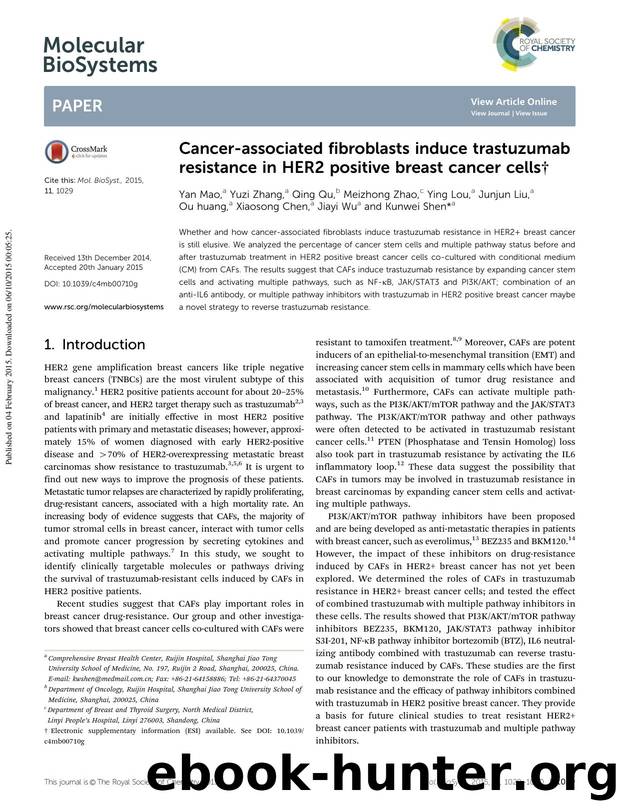 Cancer-associated fibroblasts induce trastuzumab resistance in HER2 positive breast cancer cells by unknow