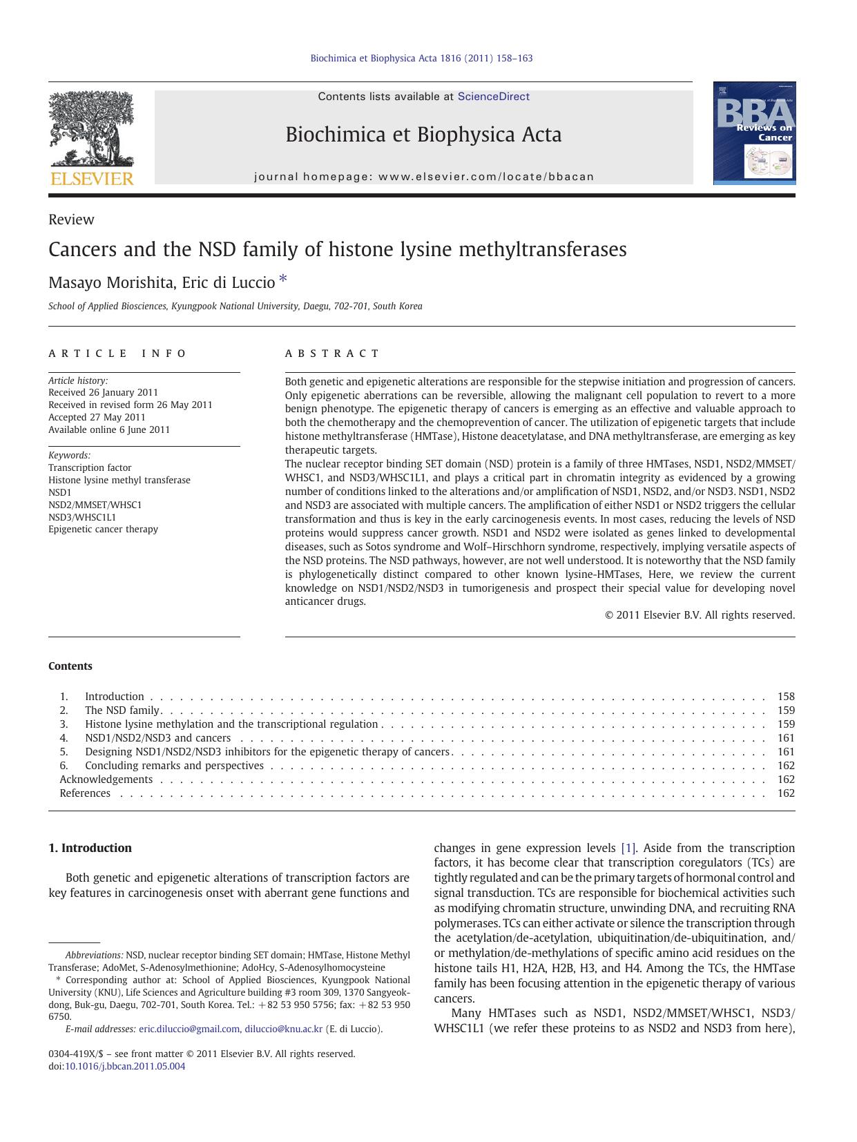Cancers and the NSD family of histone lysine methyltransferases by Masayo Morishita & Eric di Luccio