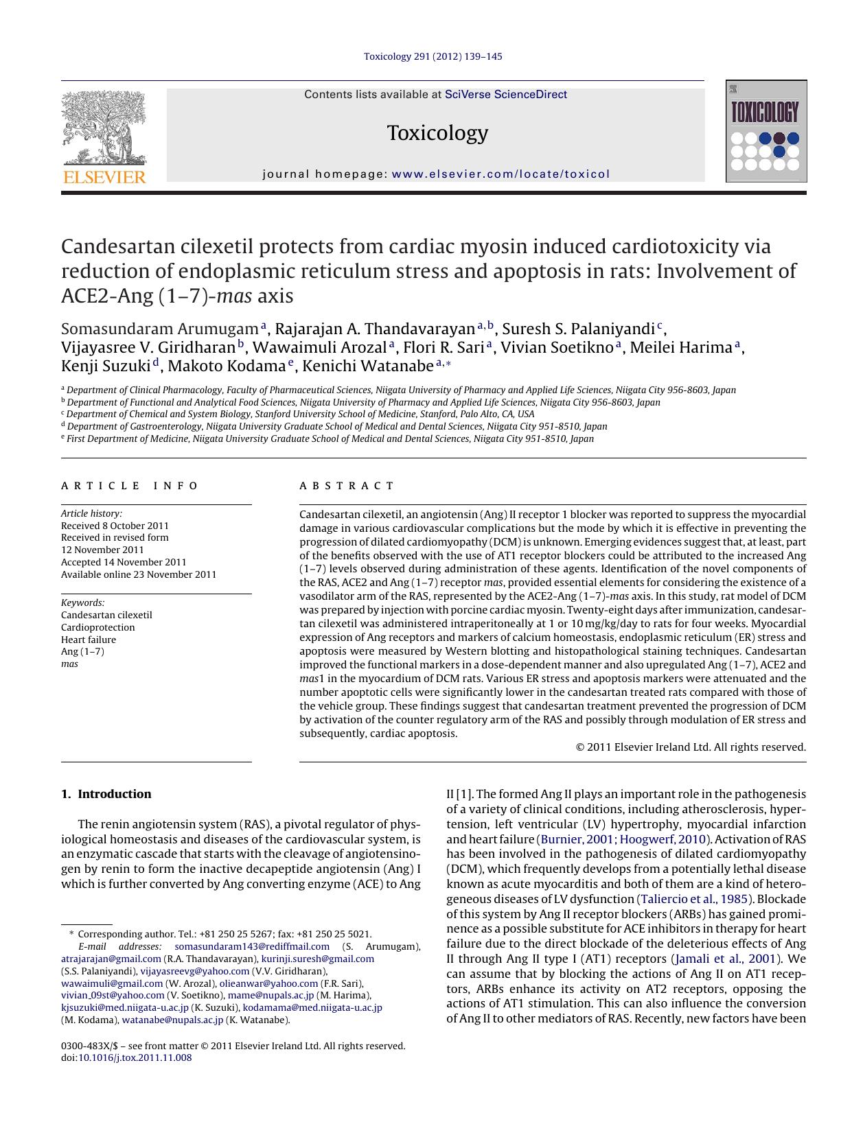 Candesartan cilexetil protects from cardiac myosin induced cardiotoxicity via reduction of endoplasmic reticulum stress and apoptosis in rats: Involvement of ACE2-Ang (1–7)-mas axis by Somasundaram Arumugam