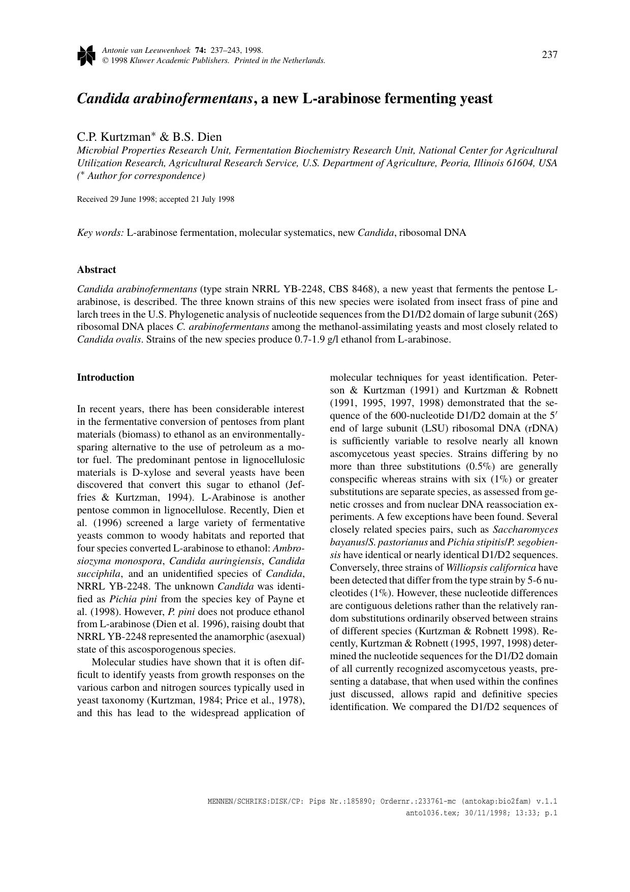 Candida arabinofermentans, a new L-arabinose fermenting yeast by Unknown