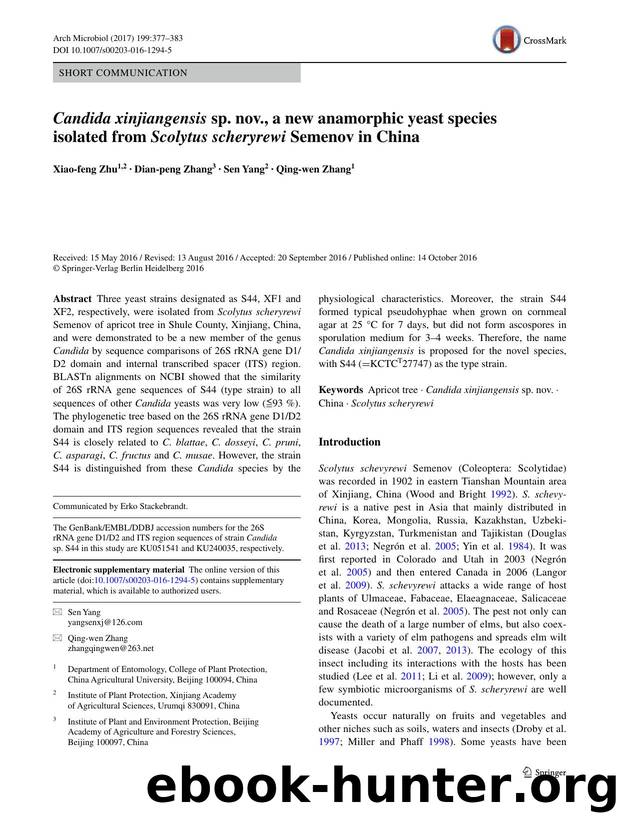 Candida xinjiangensis sp. nov., a new anamorphic yeast species isolated from Scolytus scheryrewi Semenov in China by Xiao-feng Zhu & Dian-peng Zhang & Sen Yang & Qing-wen Zhang