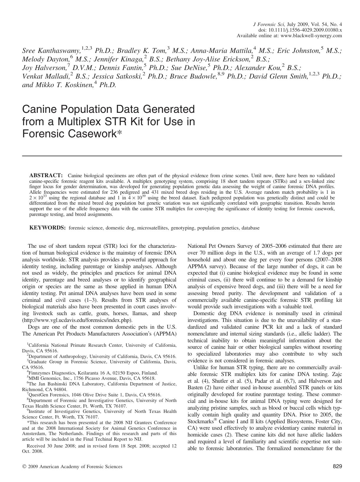 Canine Population Data Generated from a Multiplex STR Kit for Use in Forensic Casework* by Unknown