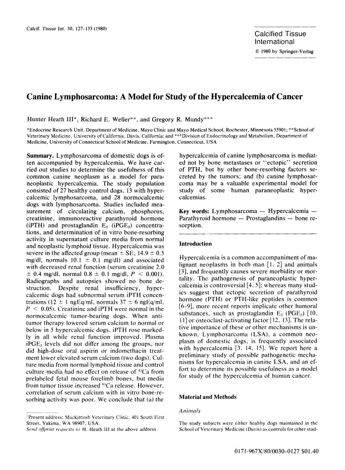 Canine lymphosarcoma: A model for study of the hypercalcemia of cancer by Unknown