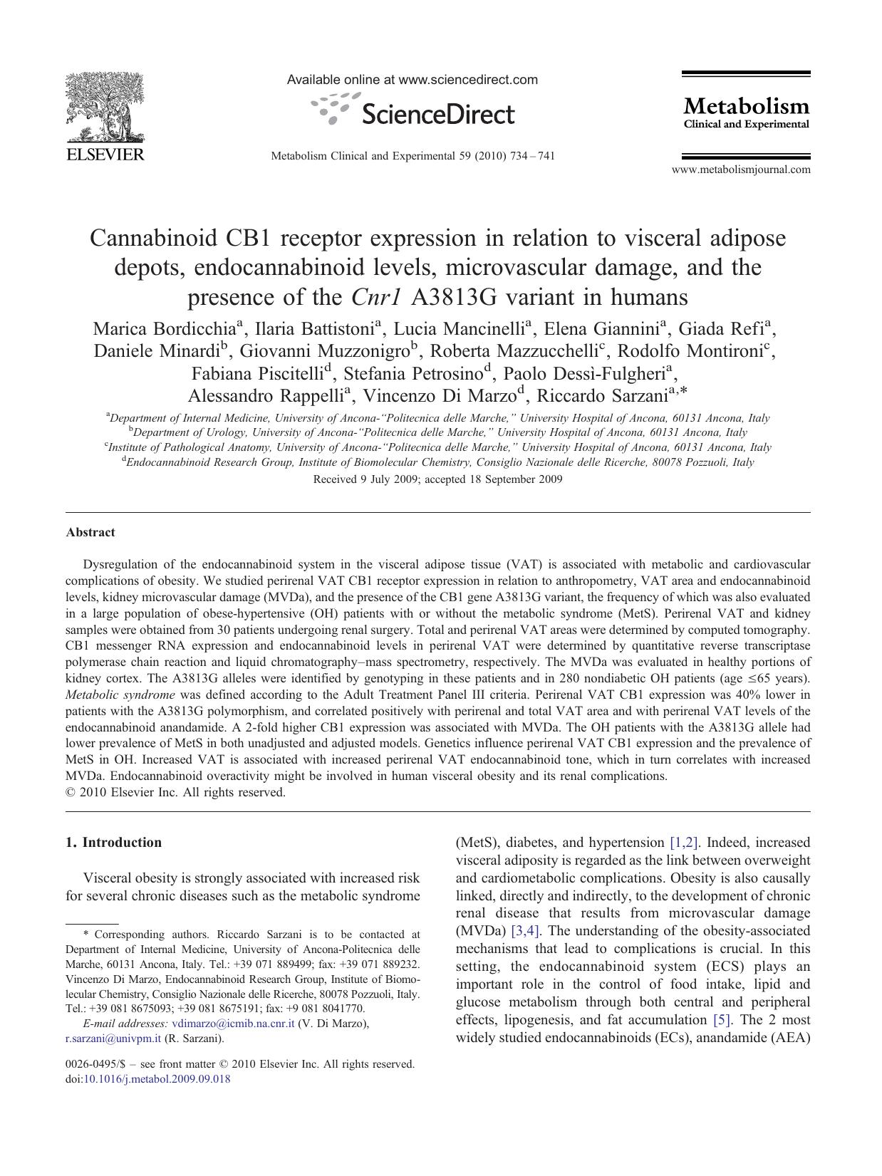 Cannabinoid CB1 receptor expression in relation to visceral adipose depots, endocannabinoid levels, microvascular damage, and the presence of the Cnr1 A3813G variant in humans by unknow