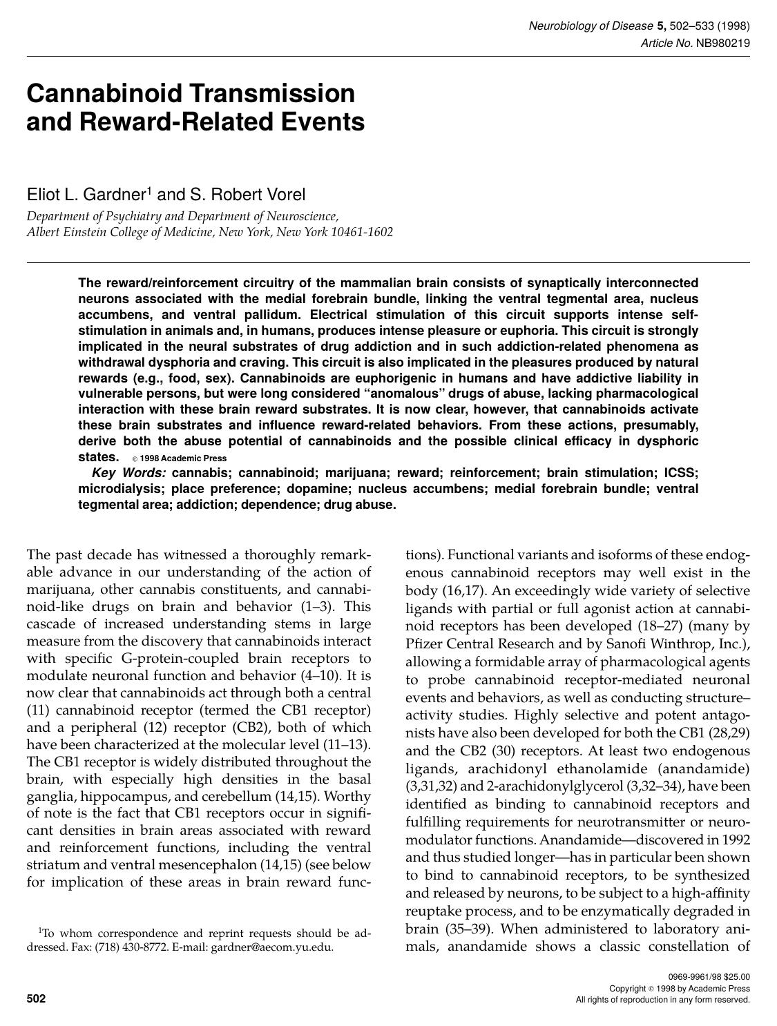 Cannabinoid Transmission and Reward-Related Events by Gardner E. L. et al