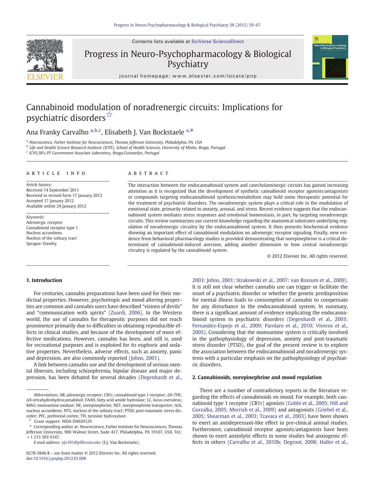 Cannabinoid modulation of noradrenergic circuits: Implications for psychiatric disorders by Ana Franky Carvalho & Elisabeth J. Van Bockstaele