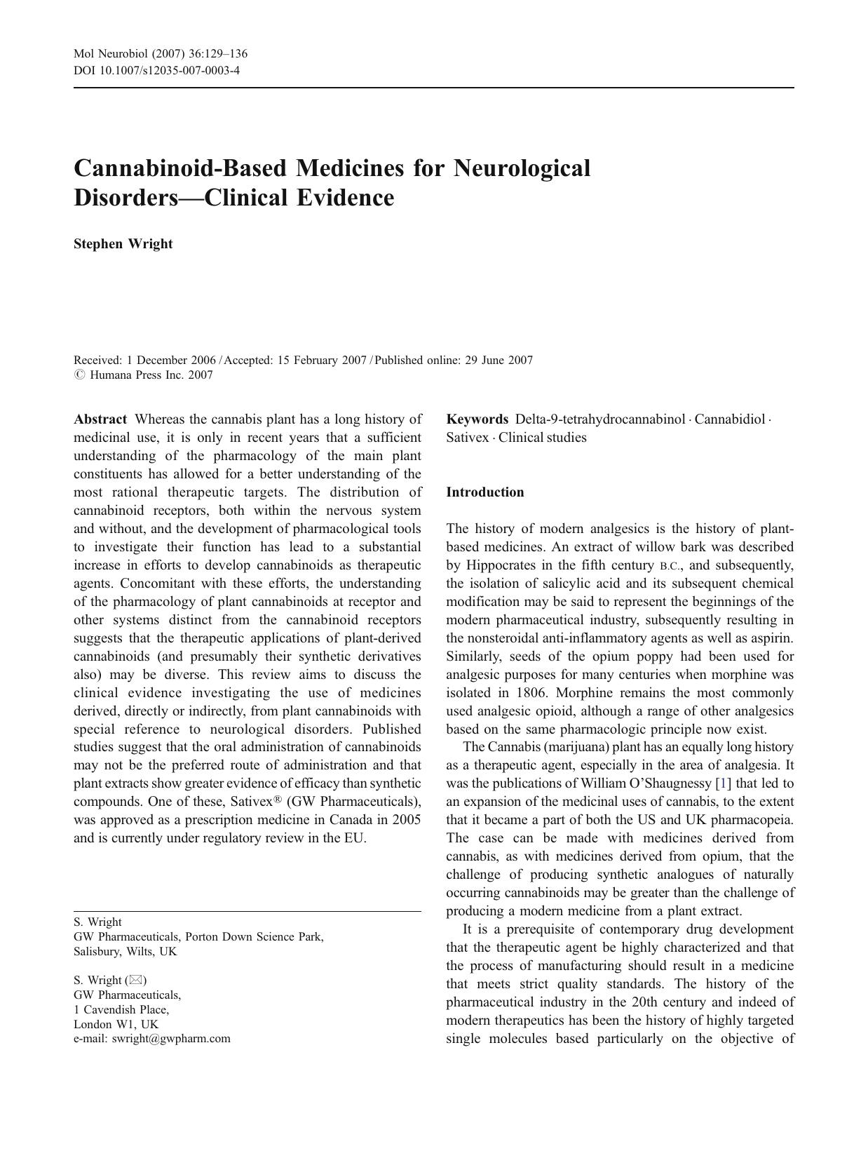 Cannabinoid-Based Medicines for Neurological by Unknown