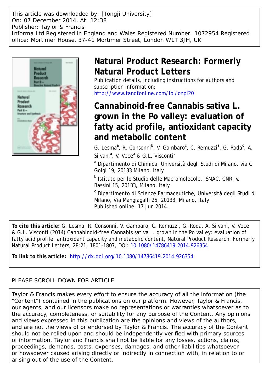 Cannabinoid-free Cannabis sativa L. grown in the Po valley: evaluation of fatty acid profile, antioxidant capacity and metabolic content by G. Lesma