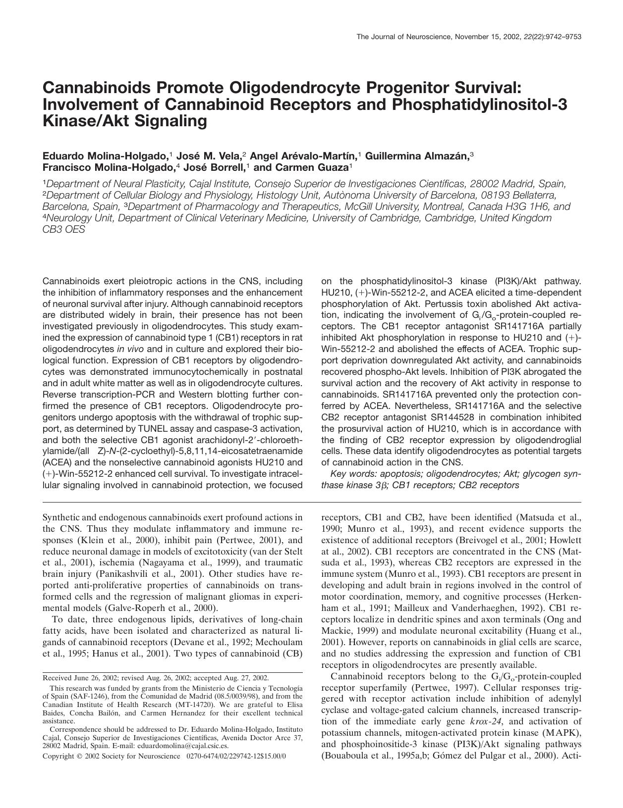 Cannabinoids Promote Oligodendrocyte Progenitor Survival- Involvement of Cannabinoid Receptors and Phosphatidylinositol-3 Kinase-Akt Signaling by Unknown