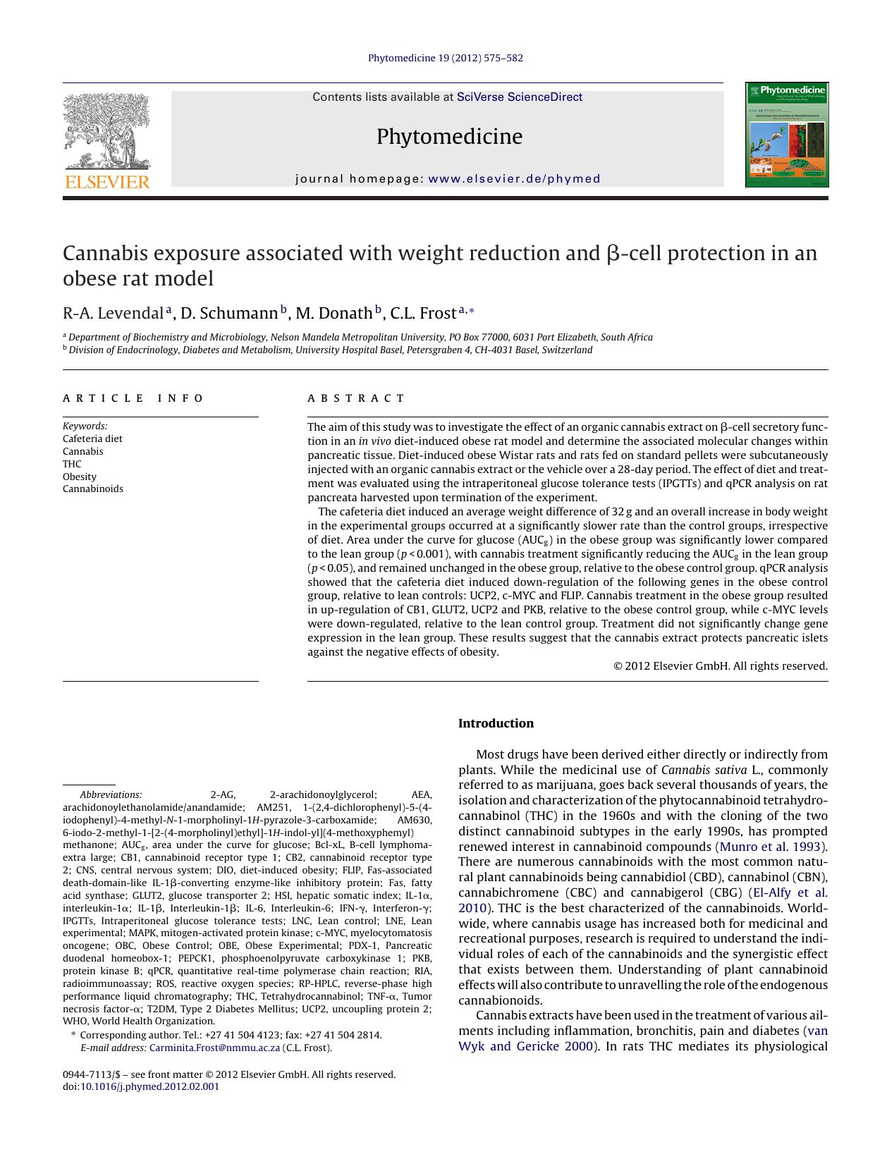 Cannabis exposure associated with weight reduction and Î²-cell protection in an obese rat model by R-A. Levendal