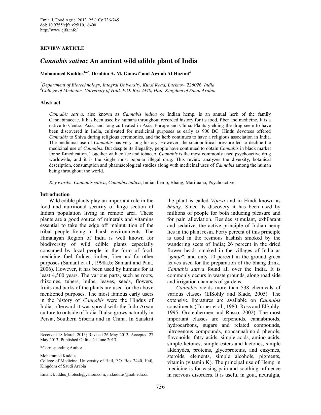 Cannabis sativa- An ancient wild edible plant of India by Unknown