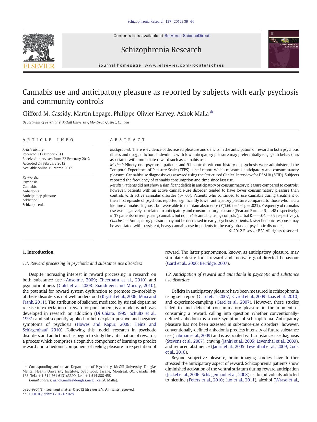Cannabis use and anticipatory pleasure as reported by subjects with early psychosis and community controls by Clifford M. Cassidy & Martin Lepage & Philippe-Olivier Harvey & Ashok Malla