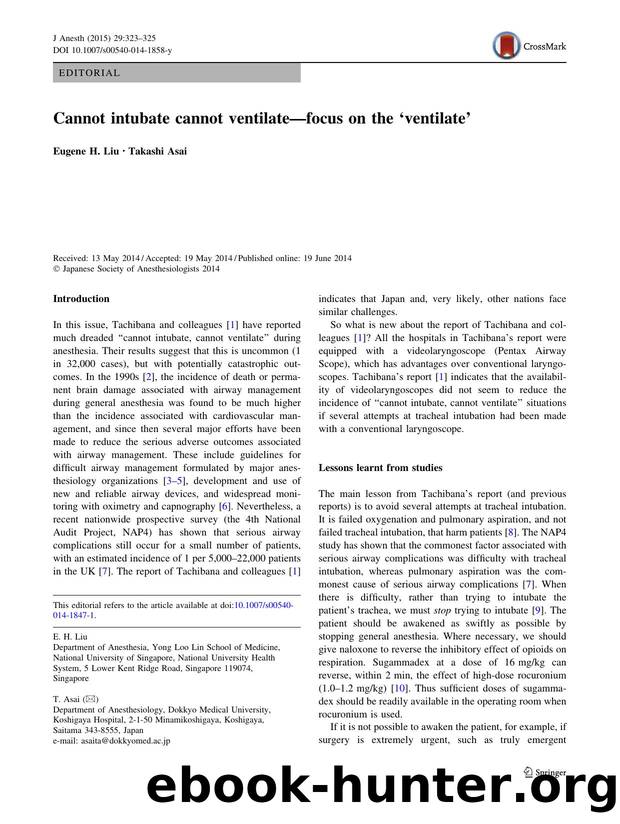 Cannot intubate cannot ventilateâfocus on the âventilateâ by Eugene H. Liu & Takashi Asai