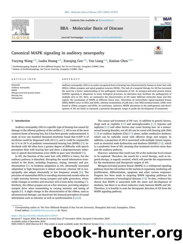Canonical MAPK signaling in auditory neuropathy by Yueying Wang & Lusha Huang & Xiaoqing Cen & Yue Liang & Kaitian Chen