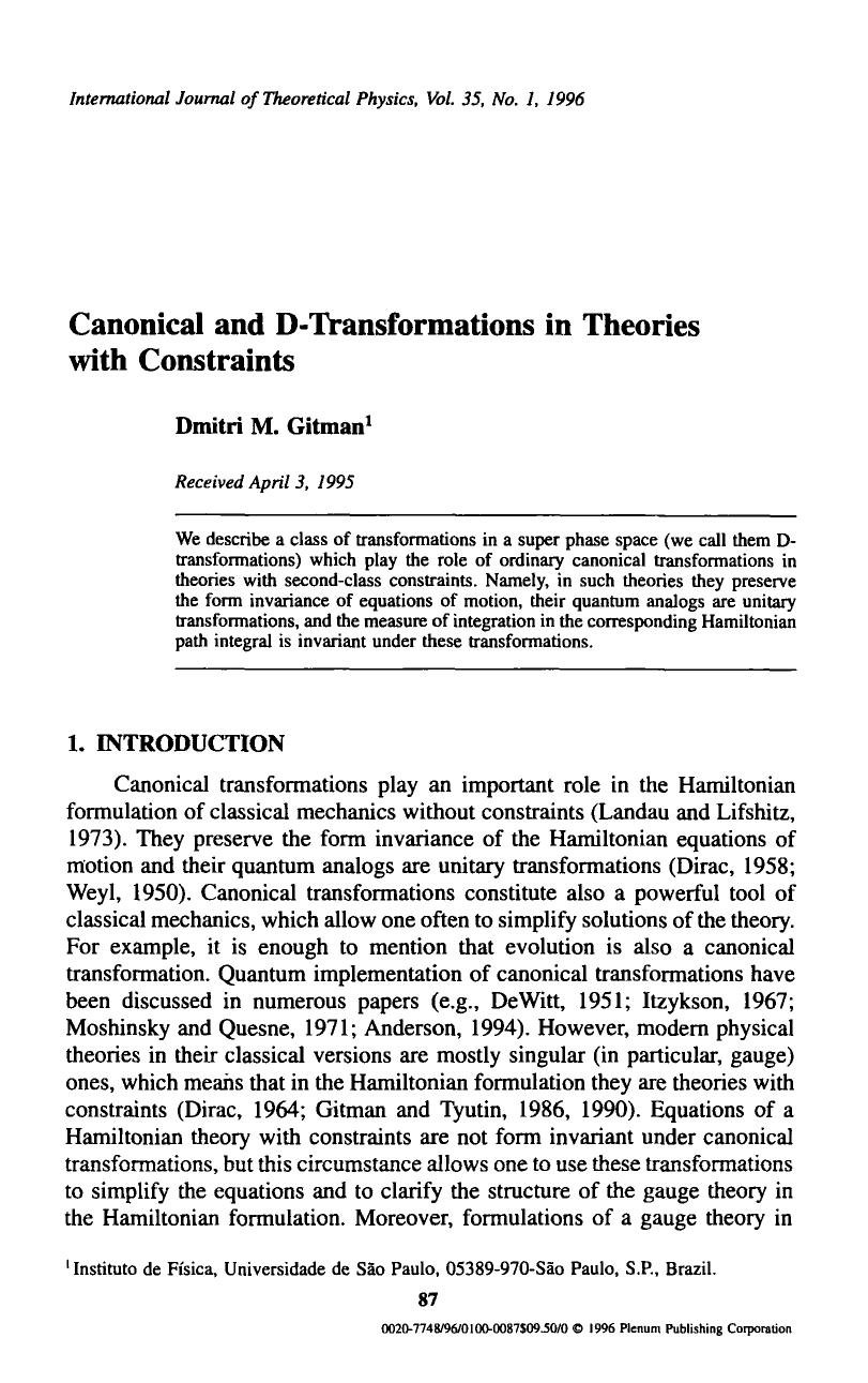 Canonical and D-transformations in theories with constraints by Unknown