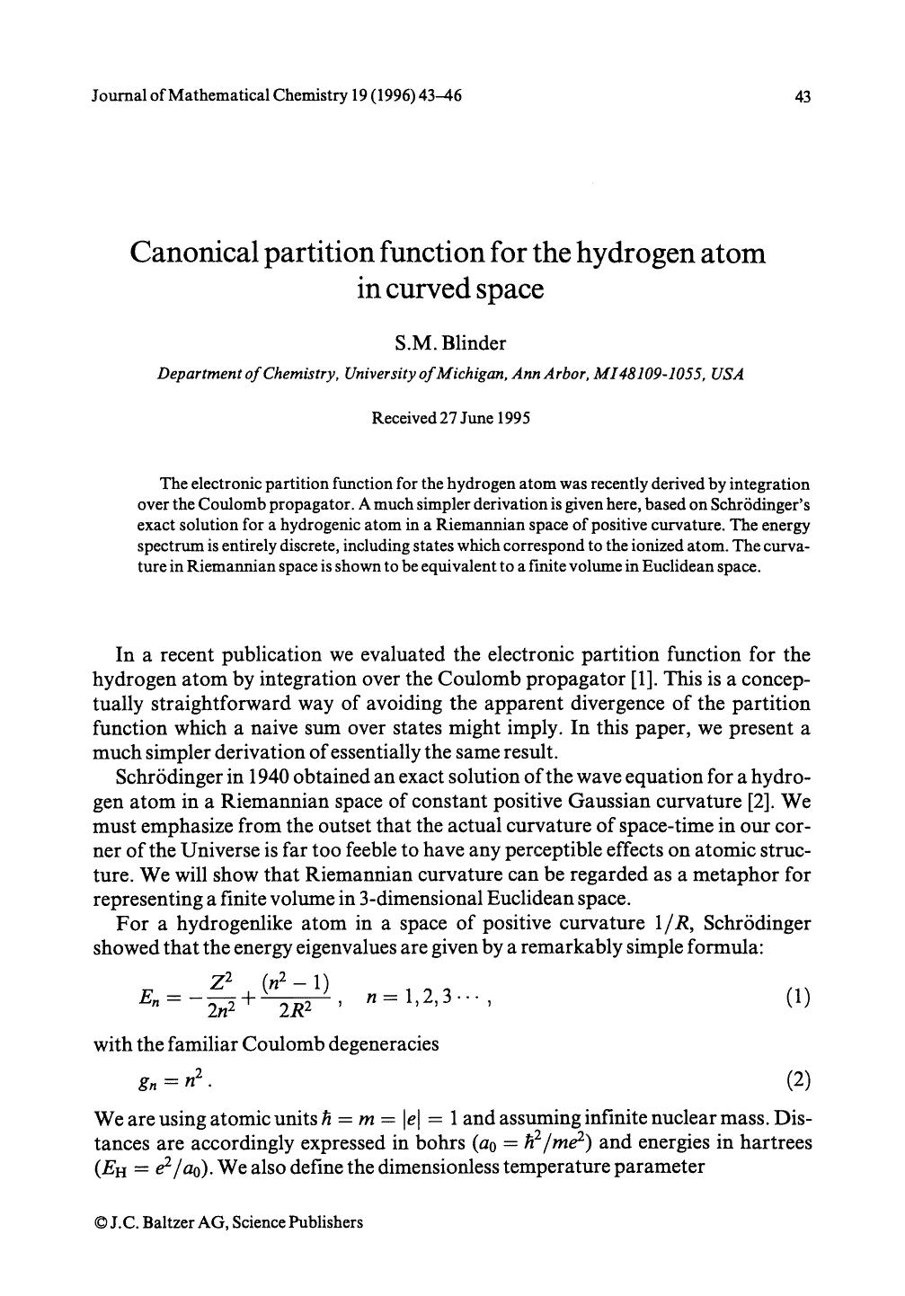 Canonical partition function for the hydrogen atom in curved space by Unknown