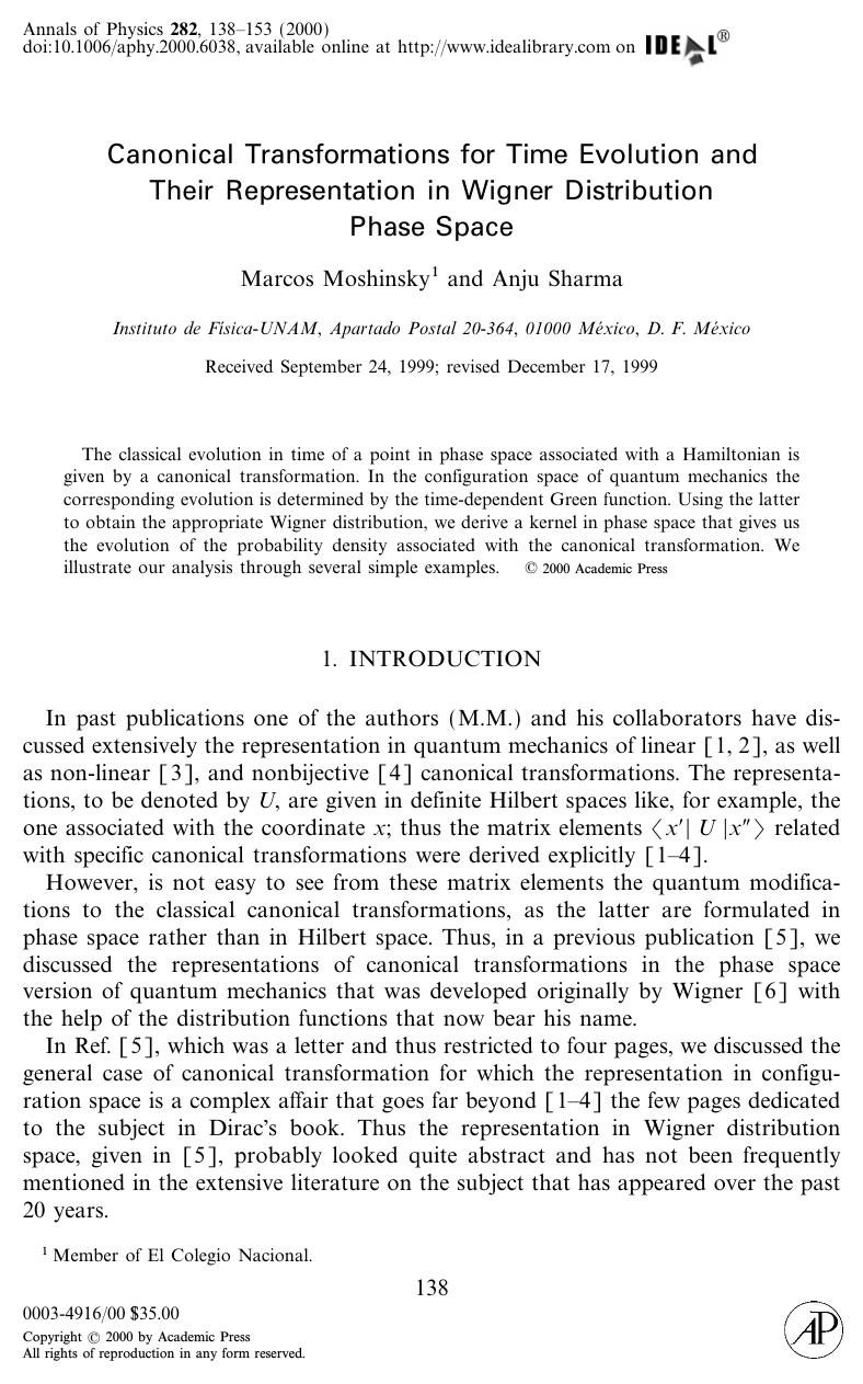 Canonical transformations for Time Evolution and Their Representation in Wigner Distribution Phase Space by Moshinsky M. et al