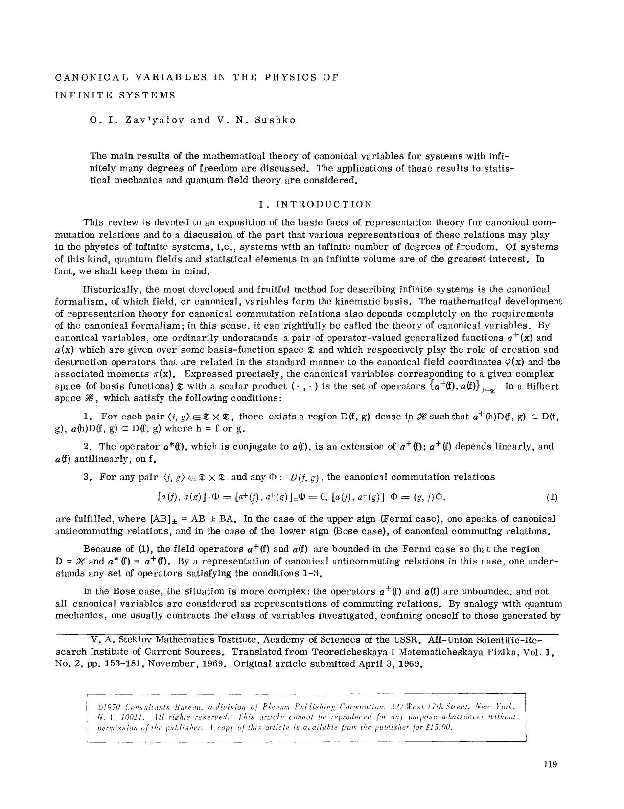 Canonical variables in the physics of in finite systems by Unknown