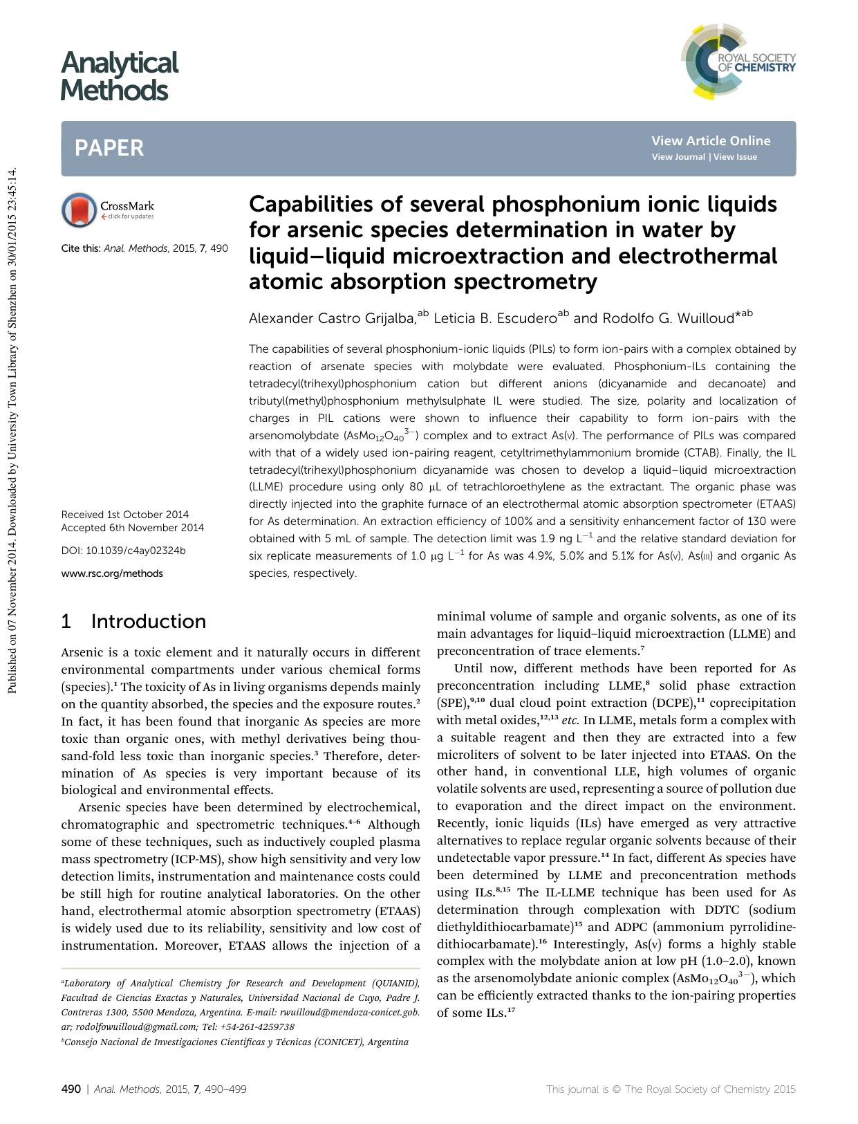 Capabilities of several phosphonium ionic liquids for arsenic species determination in water by liquidâliquid microextraction and electrothermal atomic absorption spectrometry by Alexander Castro Grijalba & Leticia B. Escudero & Rodolfo G. Wuilloud
