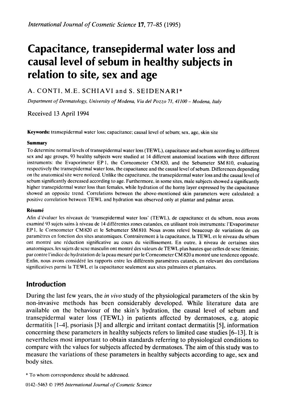 Capacitance, transepidermal water loss and causal level of sebum in healthy subjects in relation to site, sex and age by Unknown