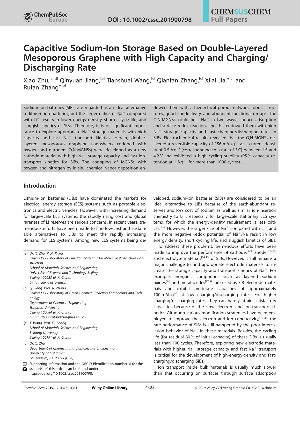 Capacitive SodiumâIon Storage Based on DoubleâLayered Mesoporous Graphene with High Capacity and ChargingDischarging Rate by Unknown