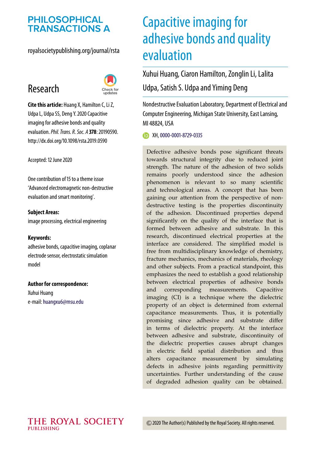 Capacitive imaging for adhesive bonds and quality evaluation by Unknown